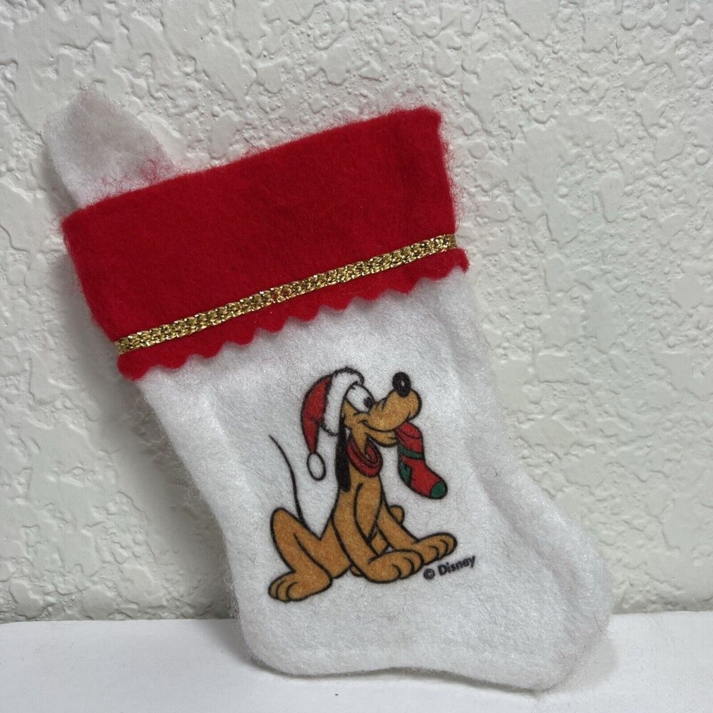 Vintage - Walt Disney - Mini Christmas Stocking - White Felt - Pluto - 80s